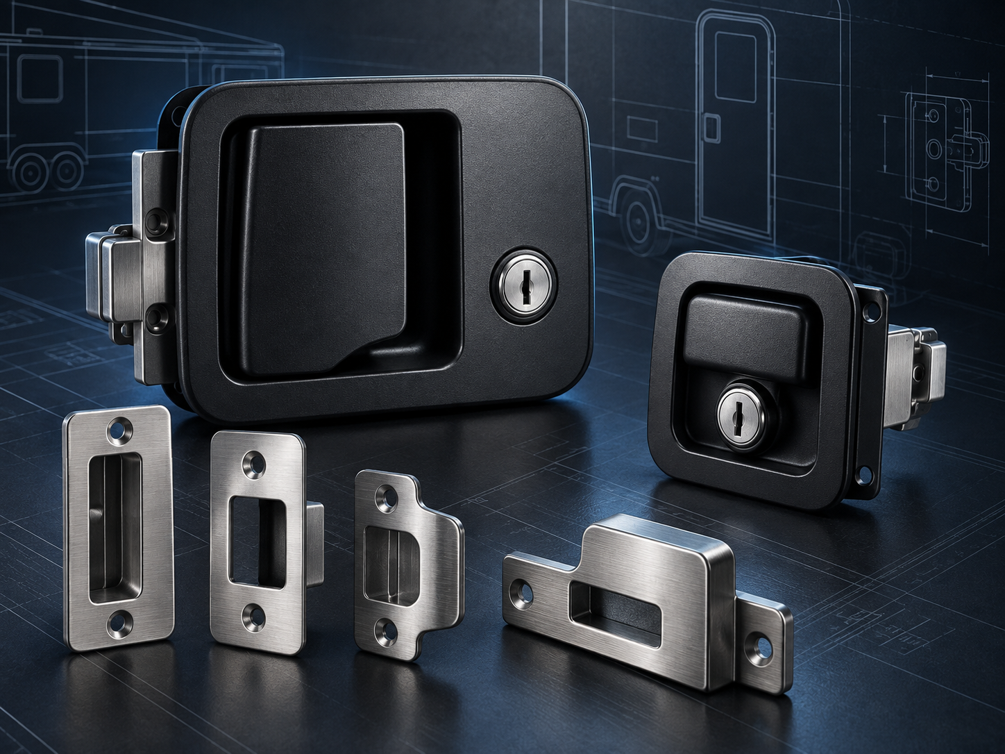 Representative RV door locks, latches and strike hardware