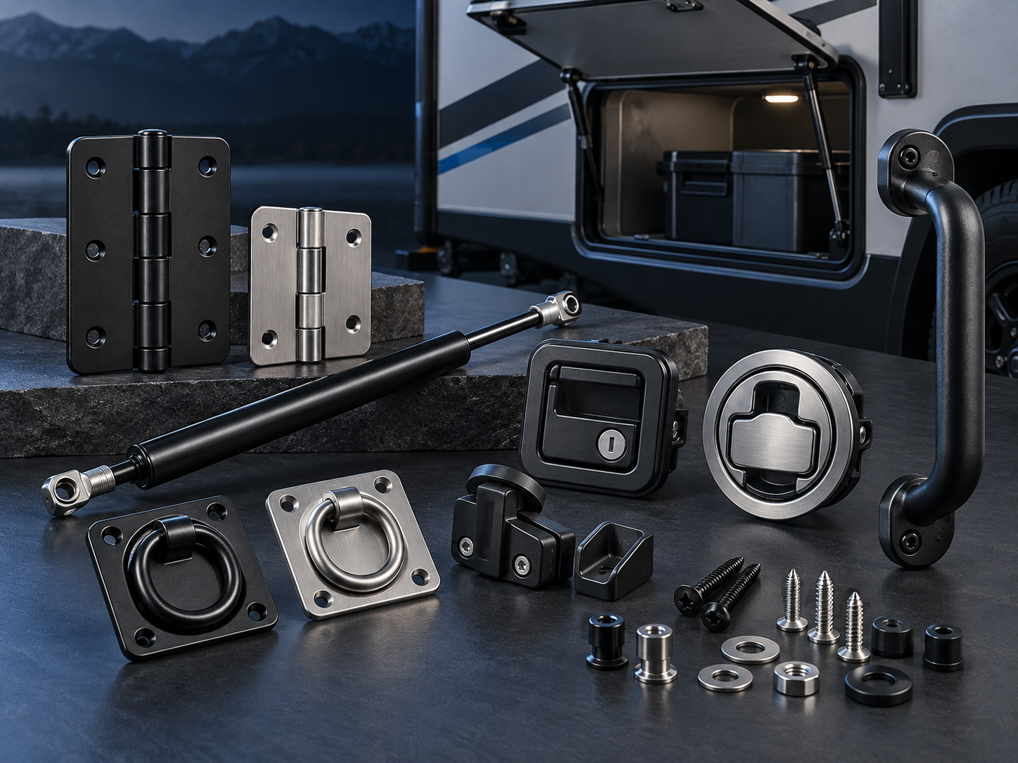 Representative RV exterior and storage hardware