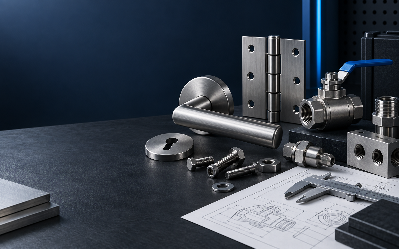 Precision industrial hardware and components arranged for quality inspection