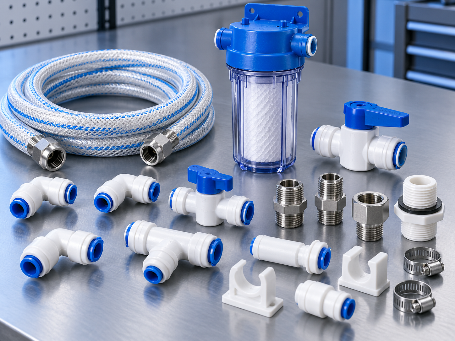 Representative RV water system fittings, valves and hose components